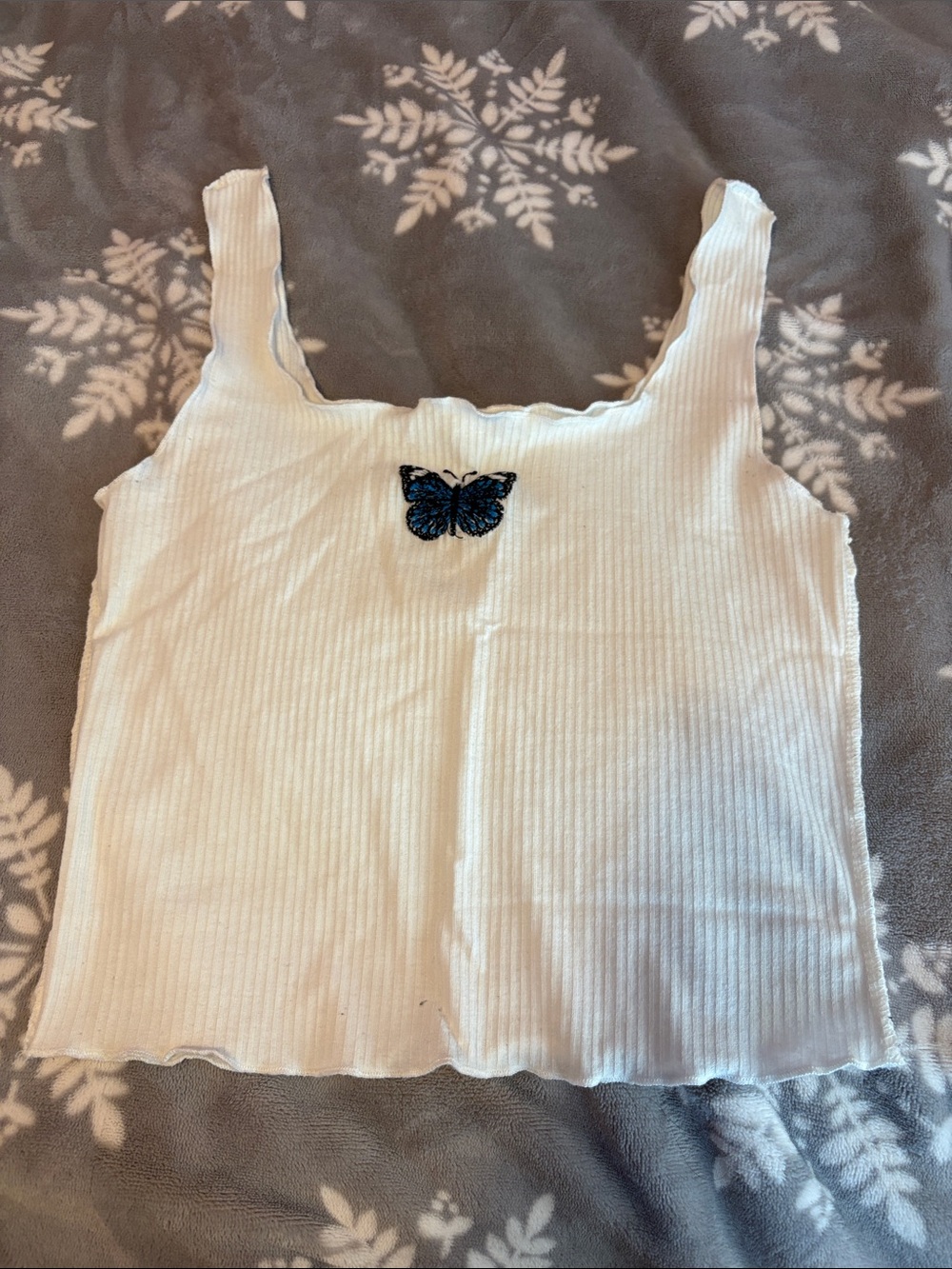 White Ribbed Butterfly Tank Top